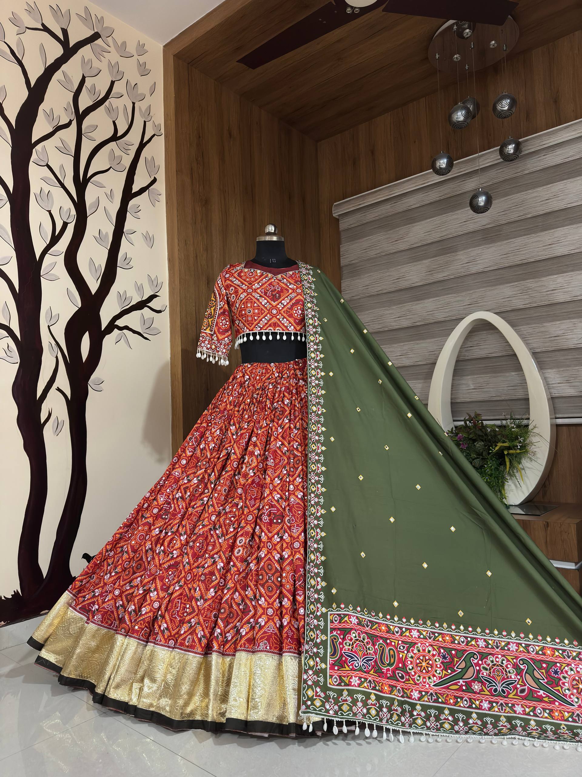 Red-Green Color Bandhej Printed Mirror Work Designer Navratri Lehenga Choli,