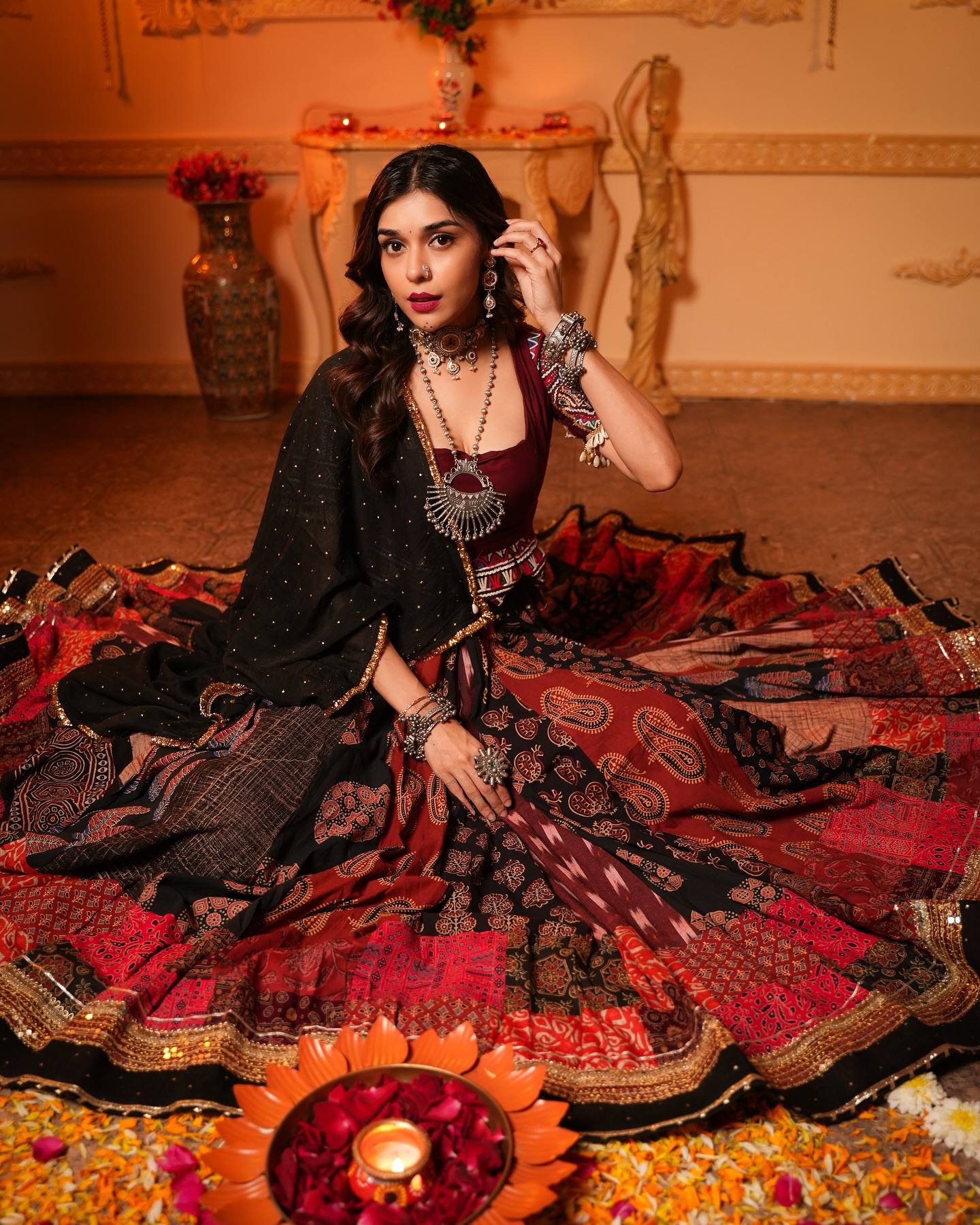 Red Ajarkh Printed Mirror Work Navratri Chaniya Choli