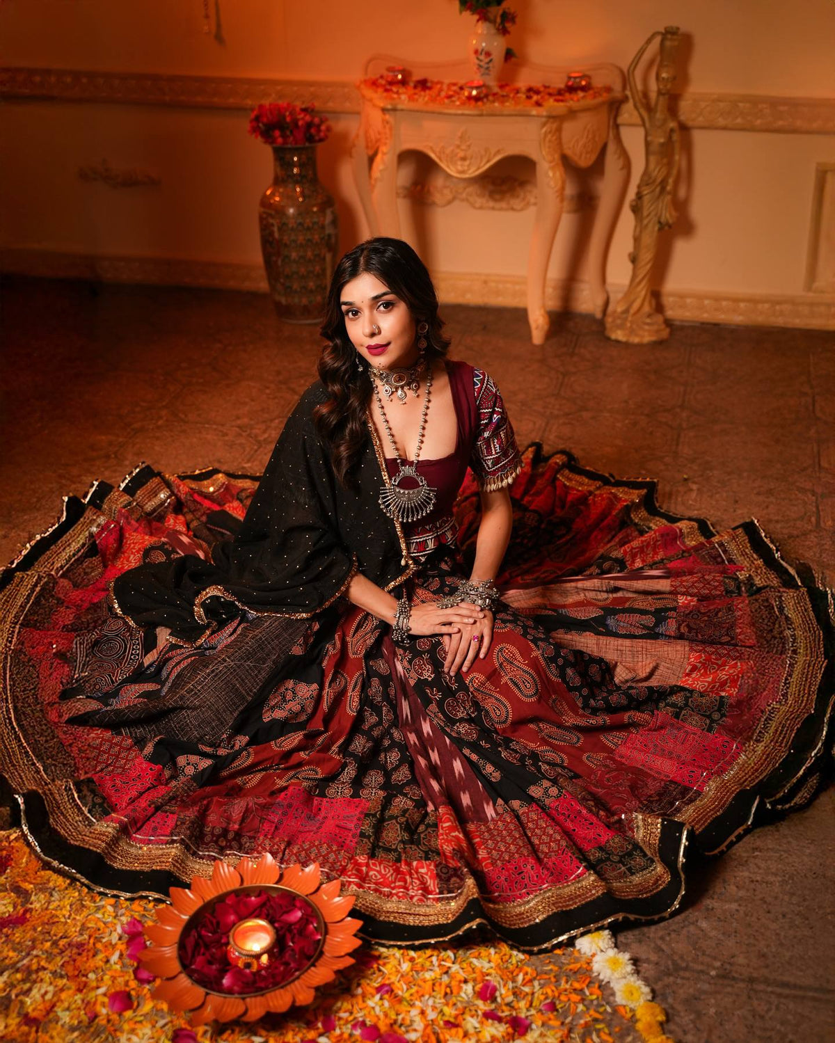 Red Ajarkh Printed Mirror Work Navratri Chaniya Choli