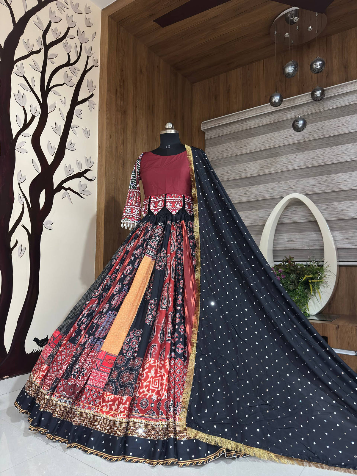 Red Ajarkh Printed Mirror Work Navratri Chaniya Choli