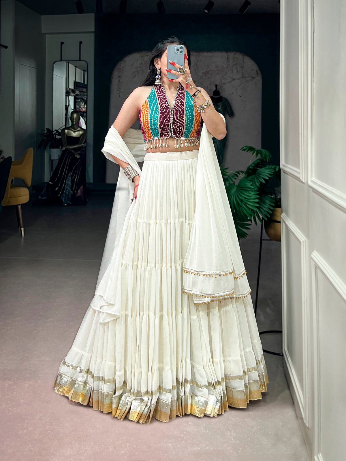 White Color Navratri Ready to Wear Lehenga with Multi Printed Blouse