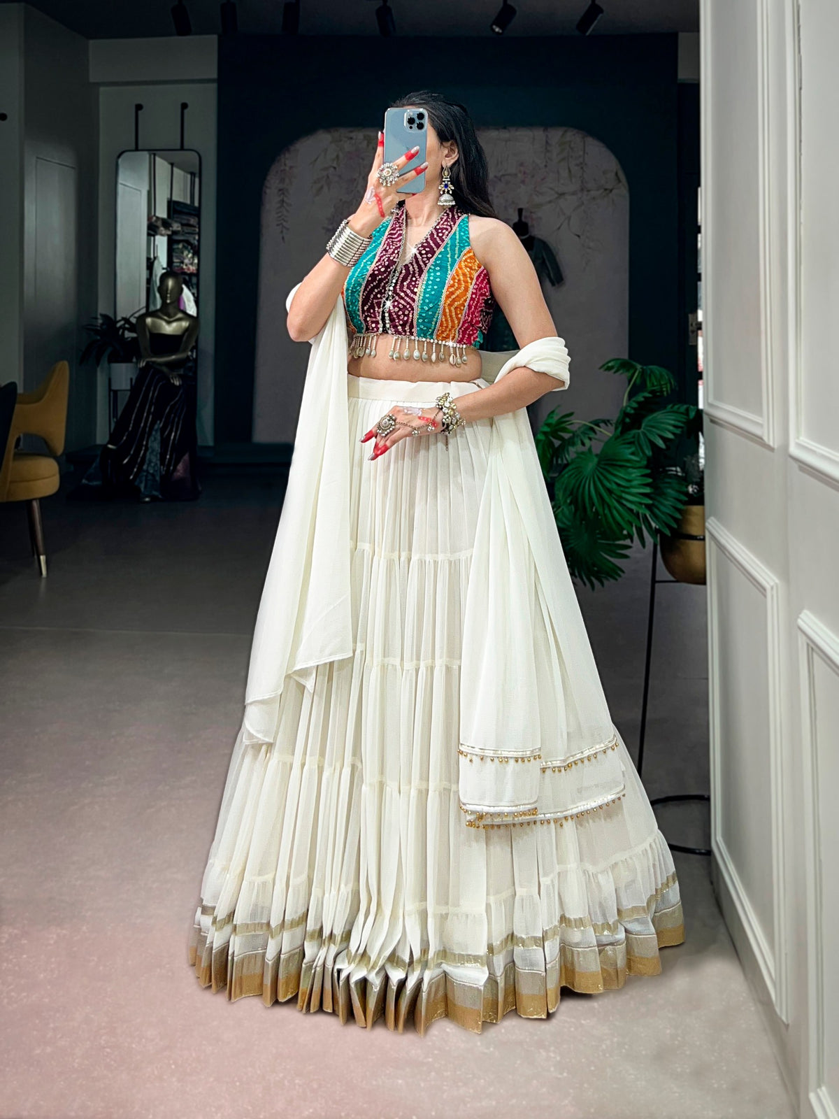 White Color Navratri Ready to Wear Lehenga with Multi Printed Blouse