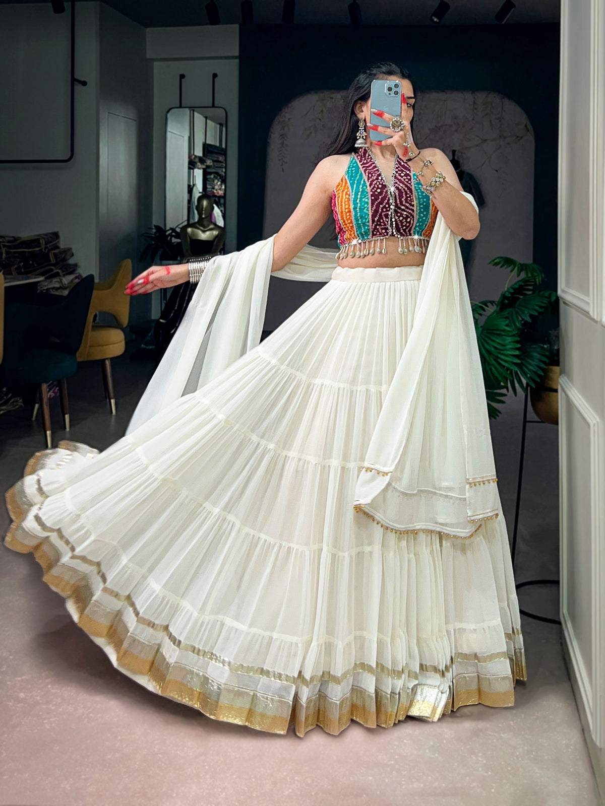 White Color Navratri Ready to Wear Lehenga with Multi Printed Blouse