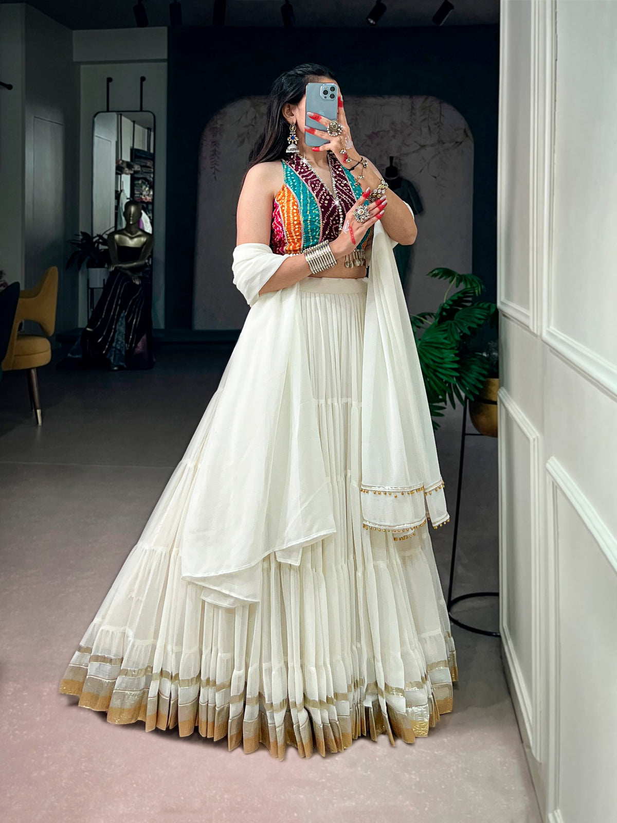 White Color Navratri Ready to Wear Lehenga with Multi Printed Blouse