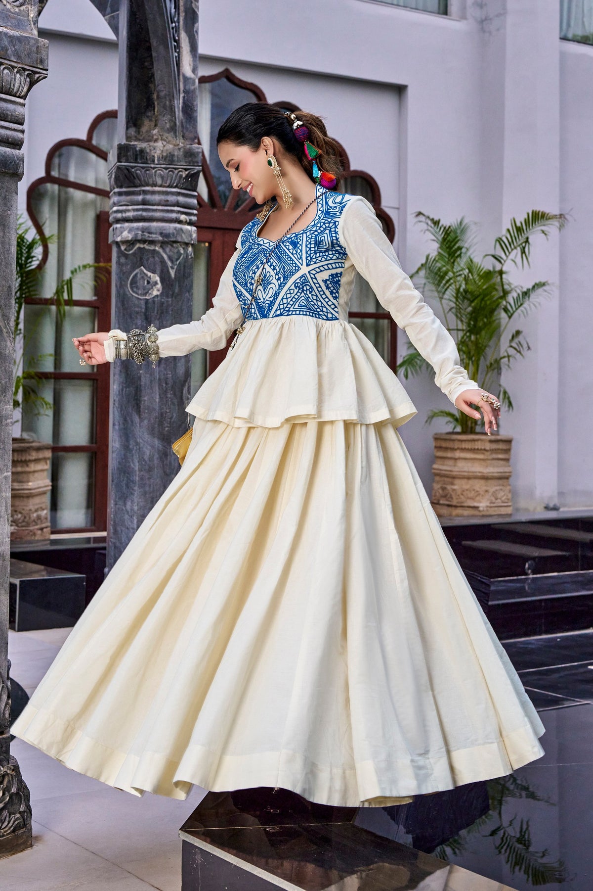 Off White Gamthi Work Cotton Navratri Lehenga with Peplum Top