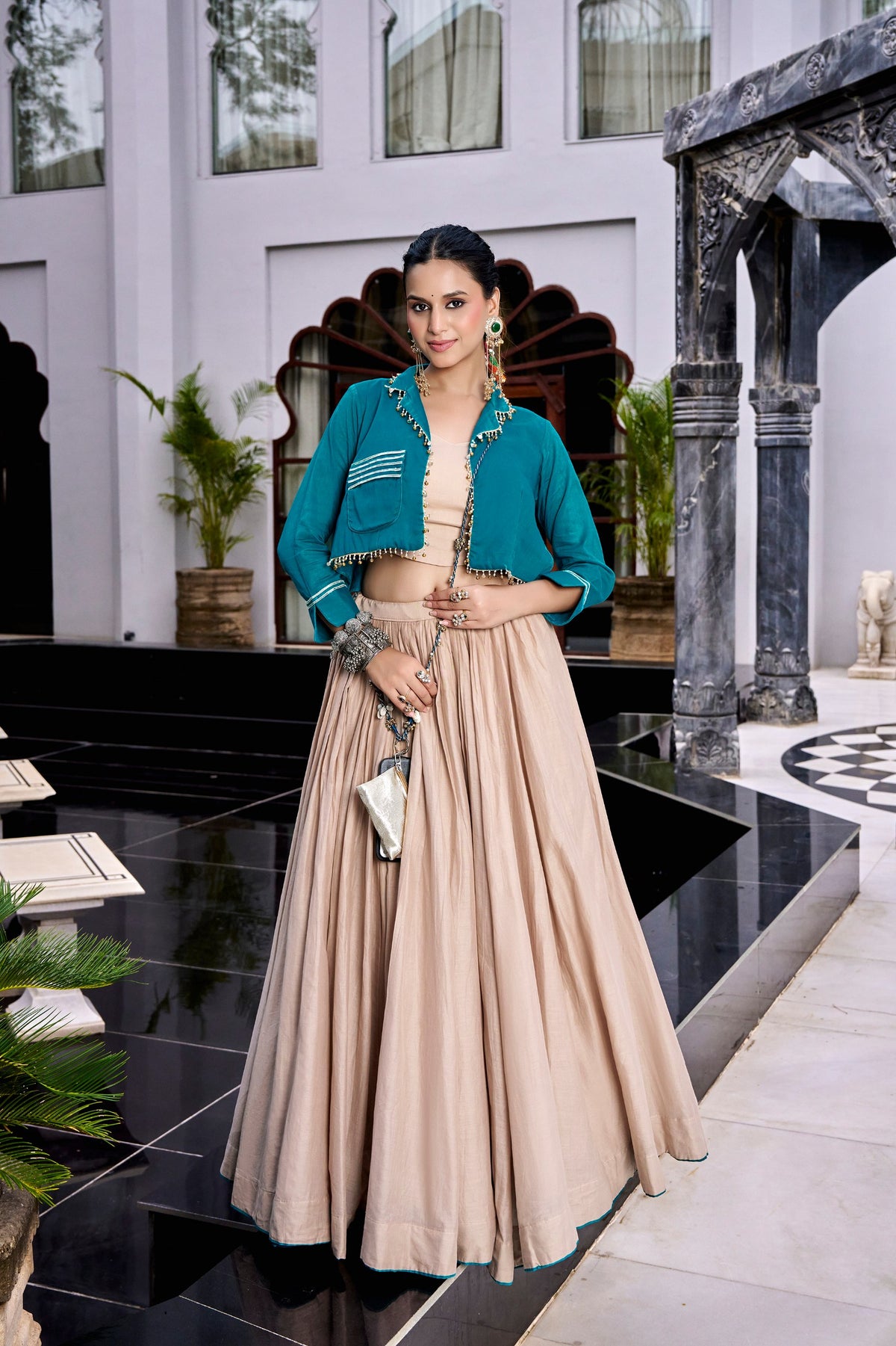 Off White Cotton Navratri Lehenga Choli with Jacket