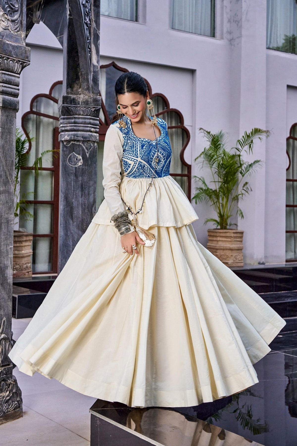 Off White Gamthi Work Cotton Navratri Lehenga with Peplum Top