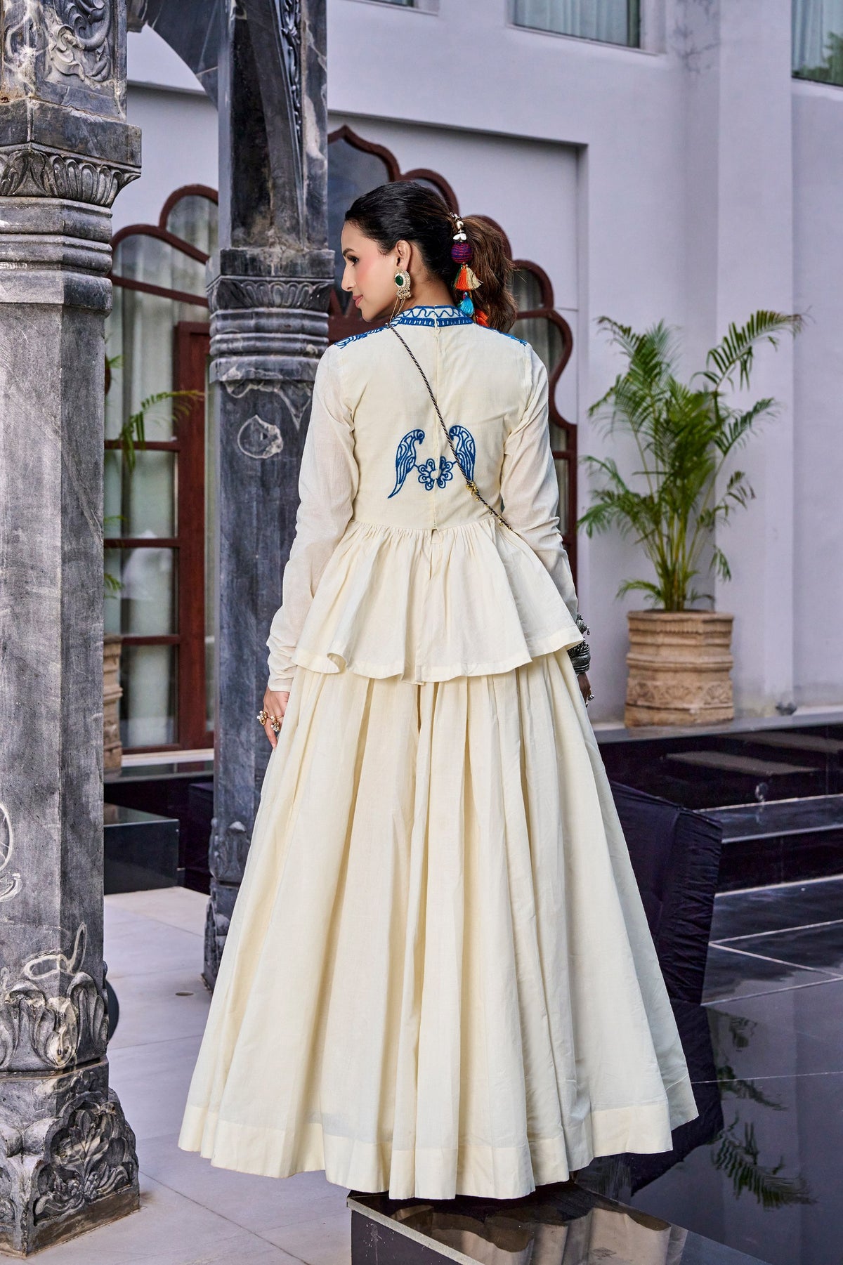 Off White Gamthi Work Cotton Navratri Lehenga with Peplum Top