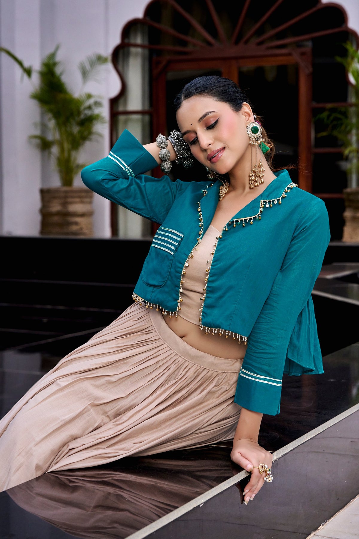 Off White Cotton Navratri Lehenga Choli with Jacket