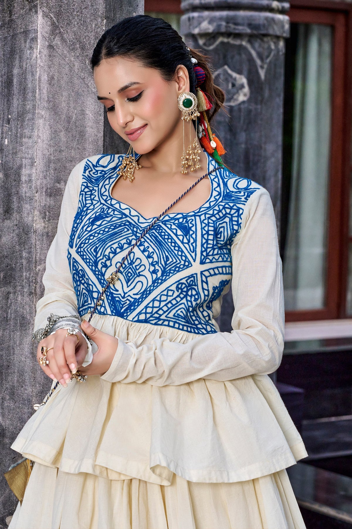 Off White Gamthi Work Cotton Navratri Lehenga with Peplum Top
