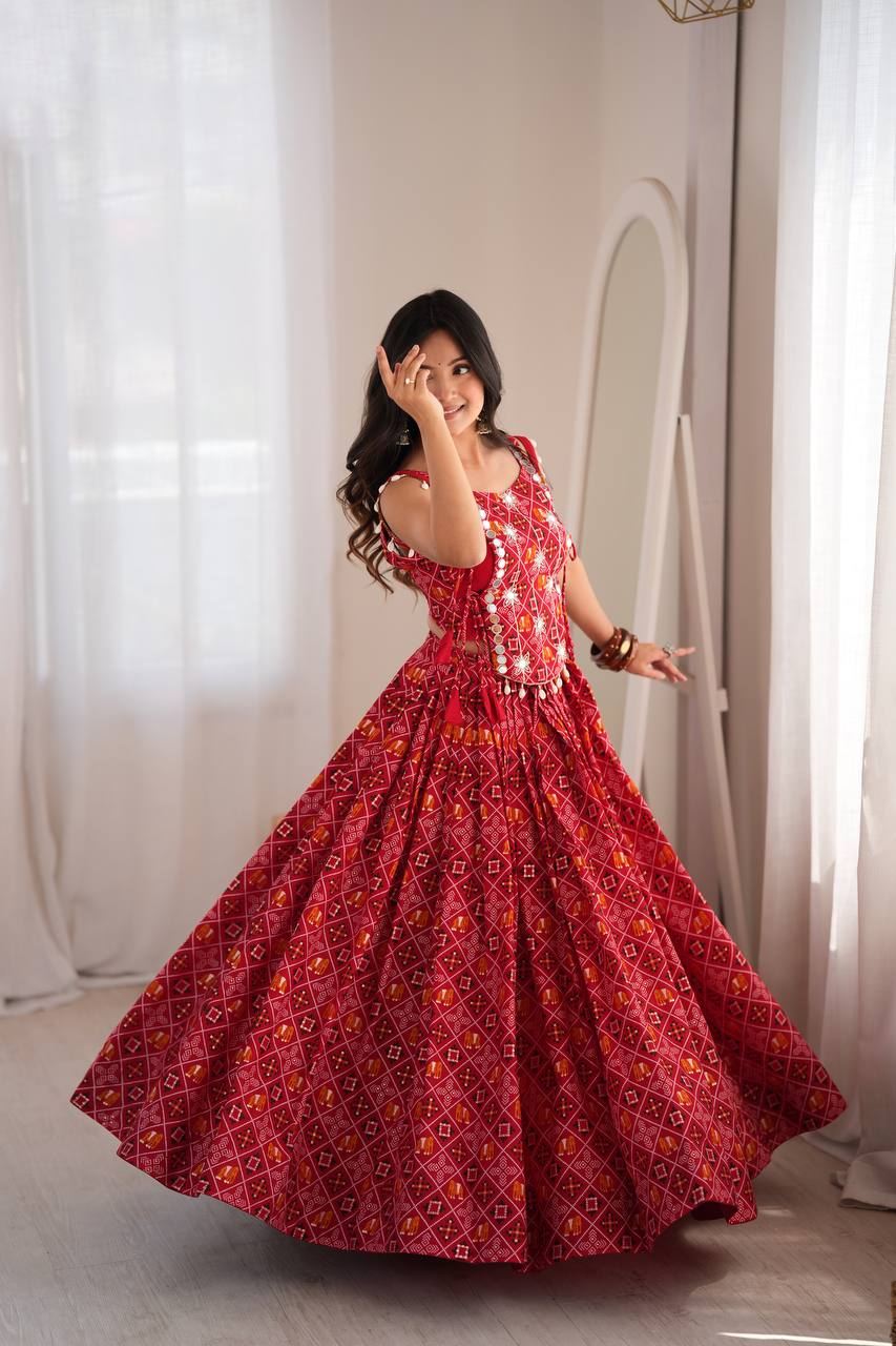 Red Badhani Printed Rayon Navratri Lehenga Choli