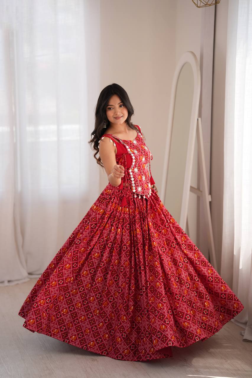 Red Badhani Printed Rayon Navratri Lehenga Choli