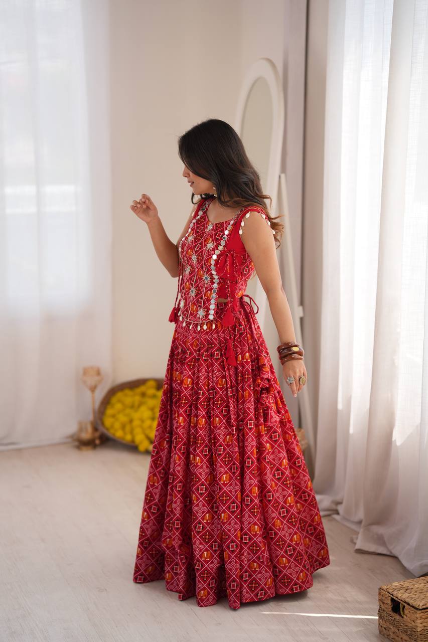 Red Badhani Printed Rayon Navratri Lehenga Choli