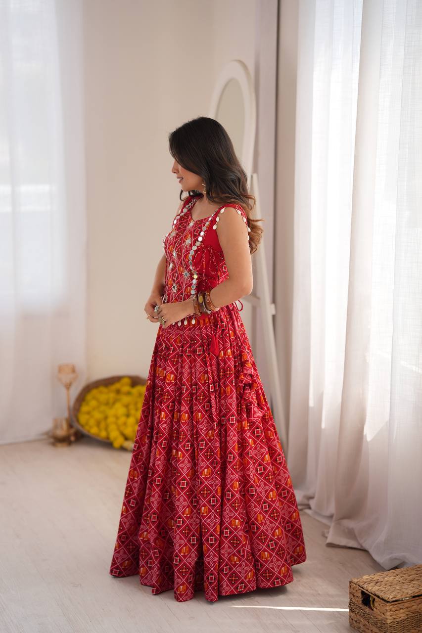 Red Badhani Printed Rayon Navratri Lehenga Choli