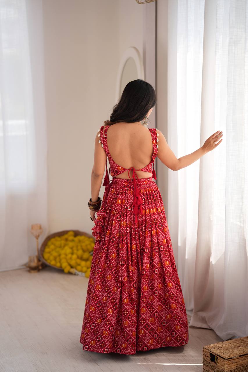 Red Badhani Printed Rayon Navratri Lehenga Choli