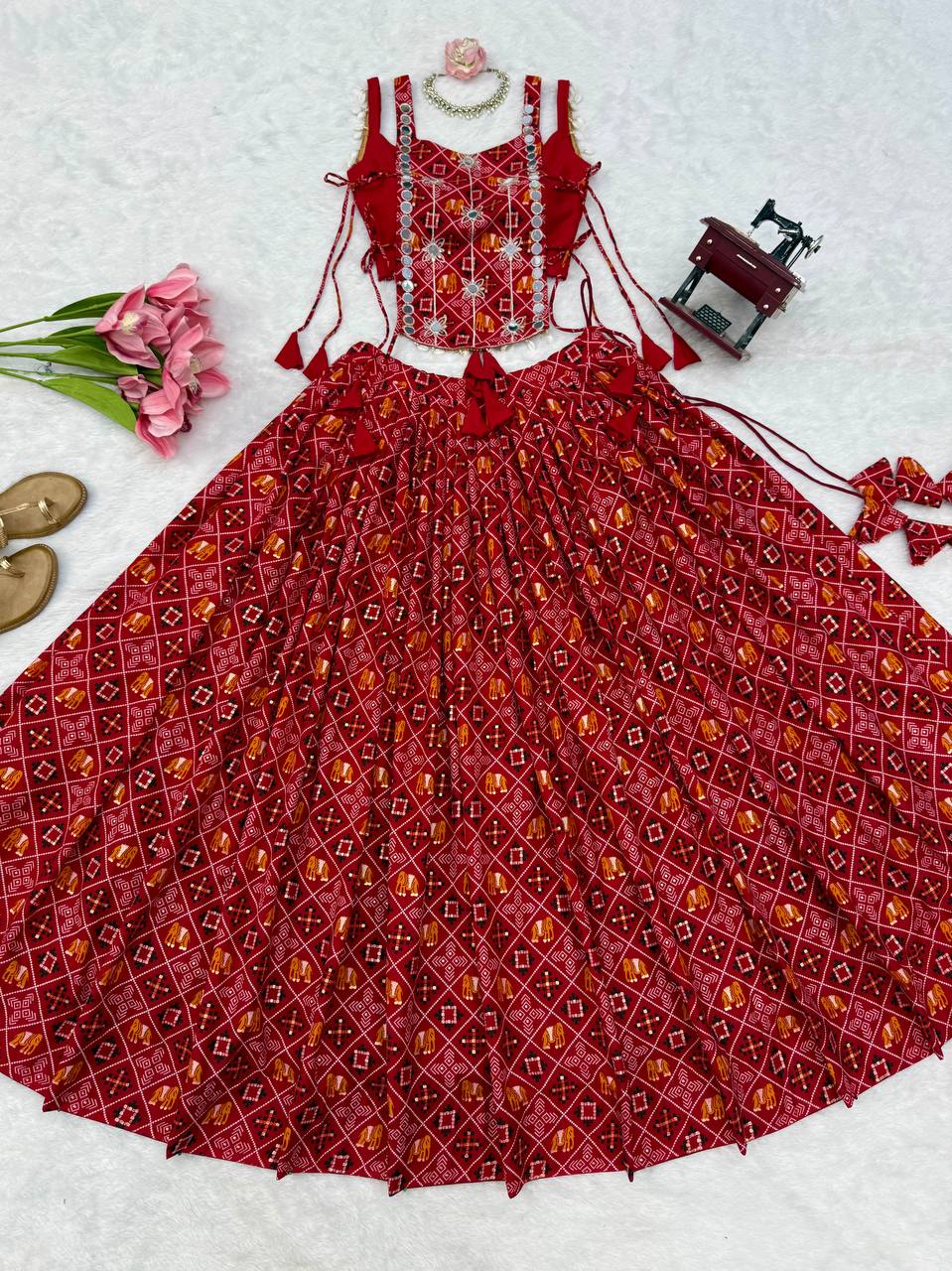 Red Badhani Printed Rayon Navratri Lehenga Choli