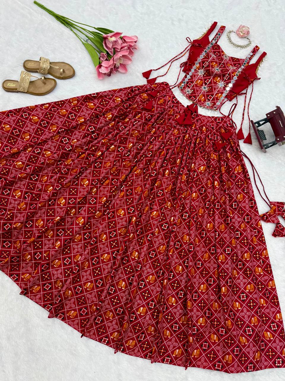 Red Badhani Printed Rayon Navratri Lehenga Choli