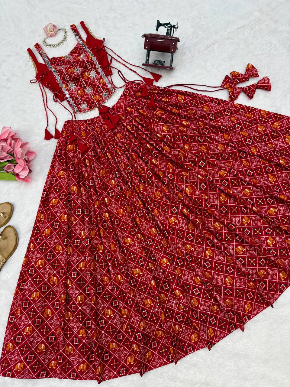 Red Badhani Printed Rayon Navratri Lehenga Choli