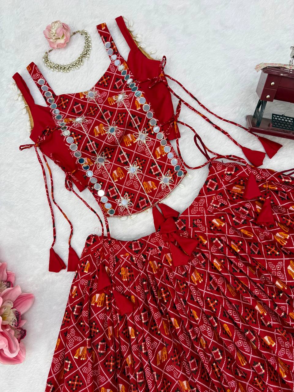 Red Badhani Printed Rayon Navratri Lehenga Choli