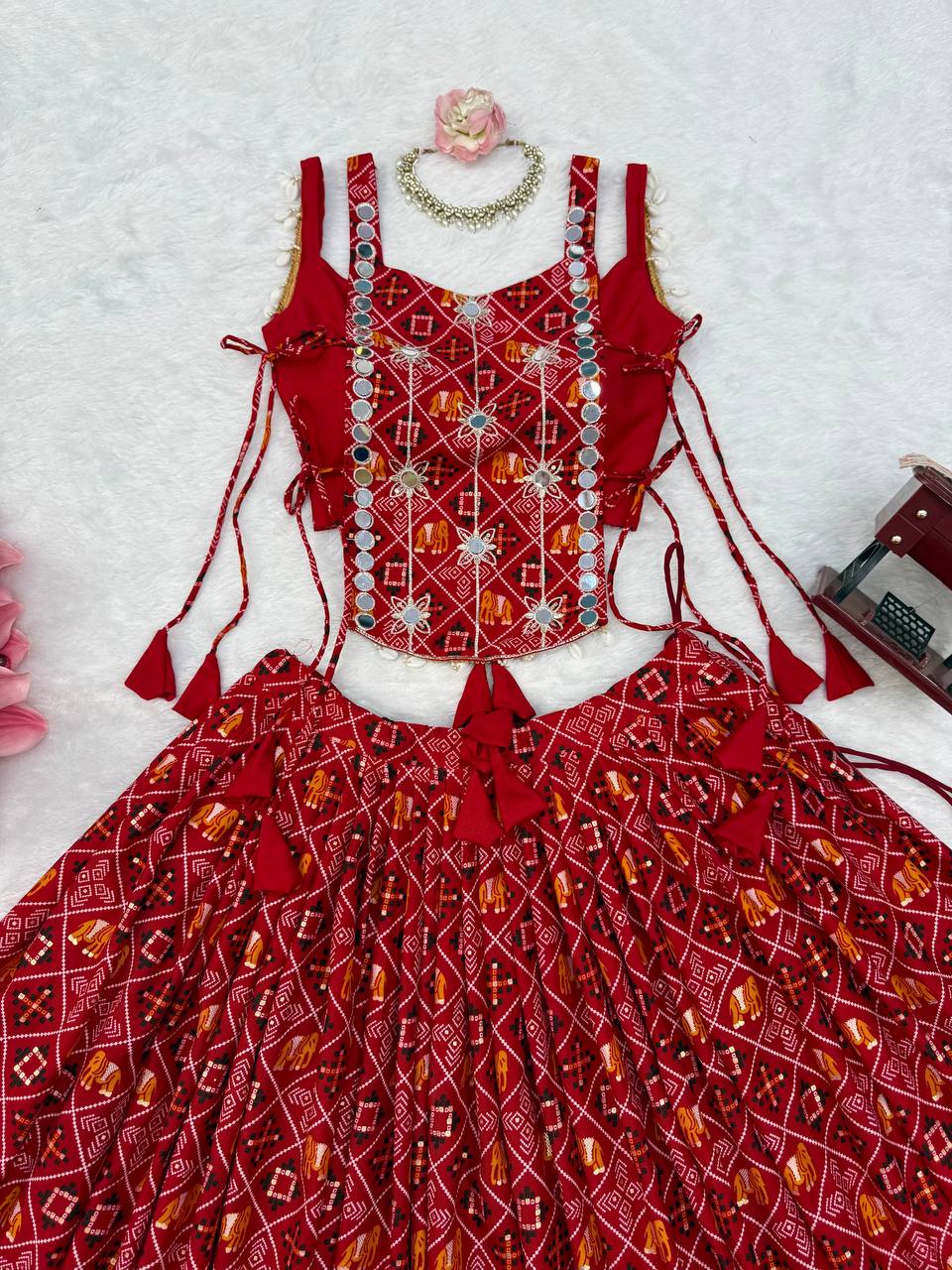 Red Badhani Printed Rayon Navratri Lehenga Choli
