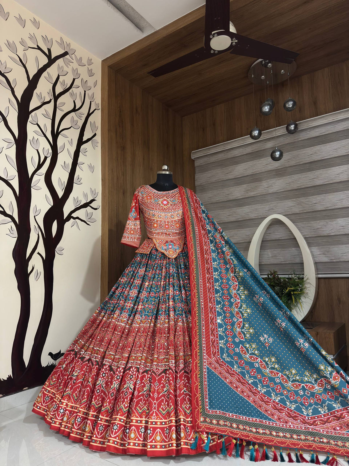 Rama & Red Digital Printed Mirror Work Navratri Lehenga Choli