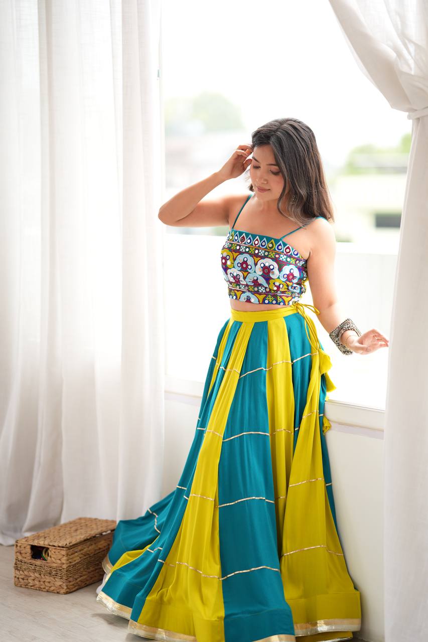 Yellow-Rama Gota Patti Embroidered Work Navratri Lehenga