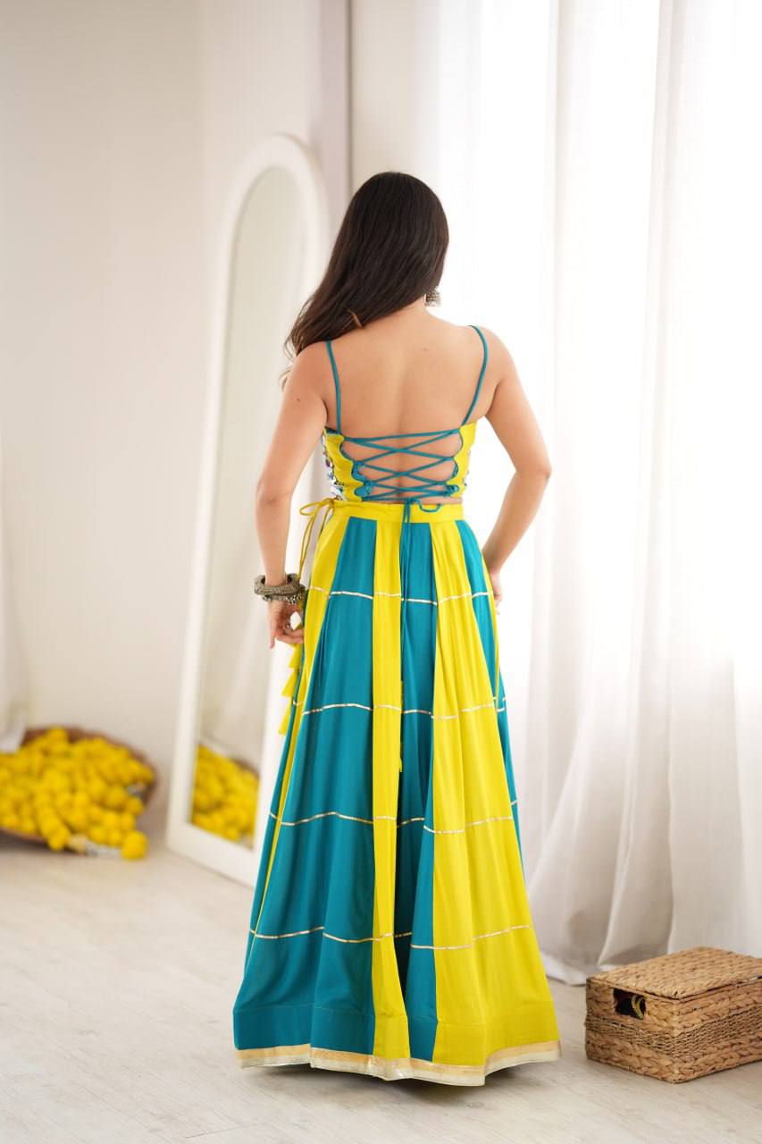 Yellow-Rama Gota Patti Embroidered Work Navratri Lehenga