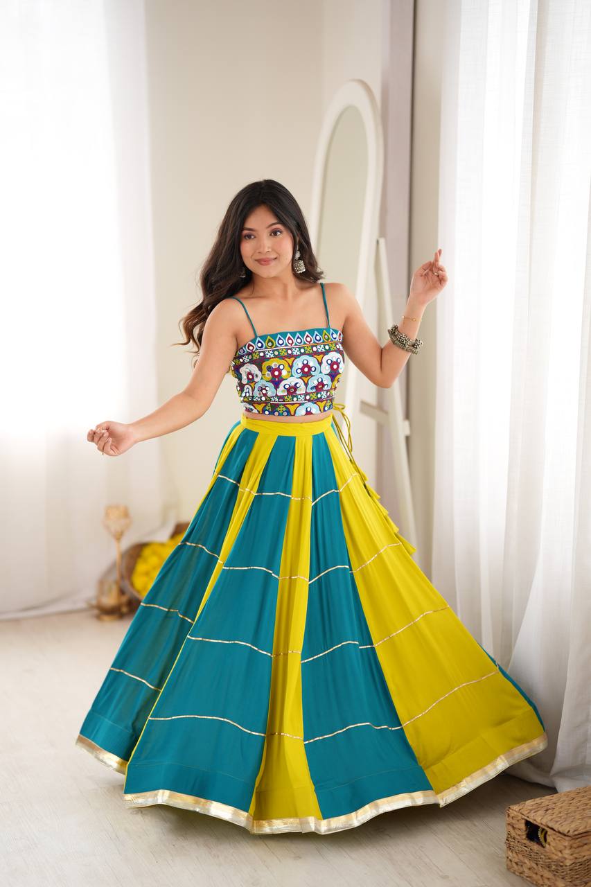 Yellow-Rama Gota Patti Embroidered Work Navratri Lehenga