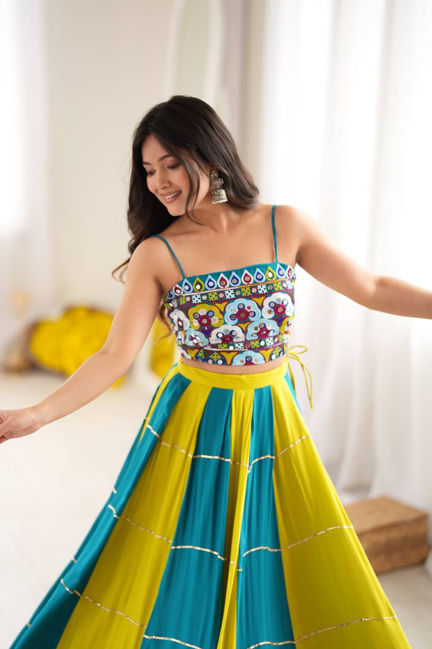 Yellow-Rama Gota Patti Embroidered Work Navratri Lehenga
