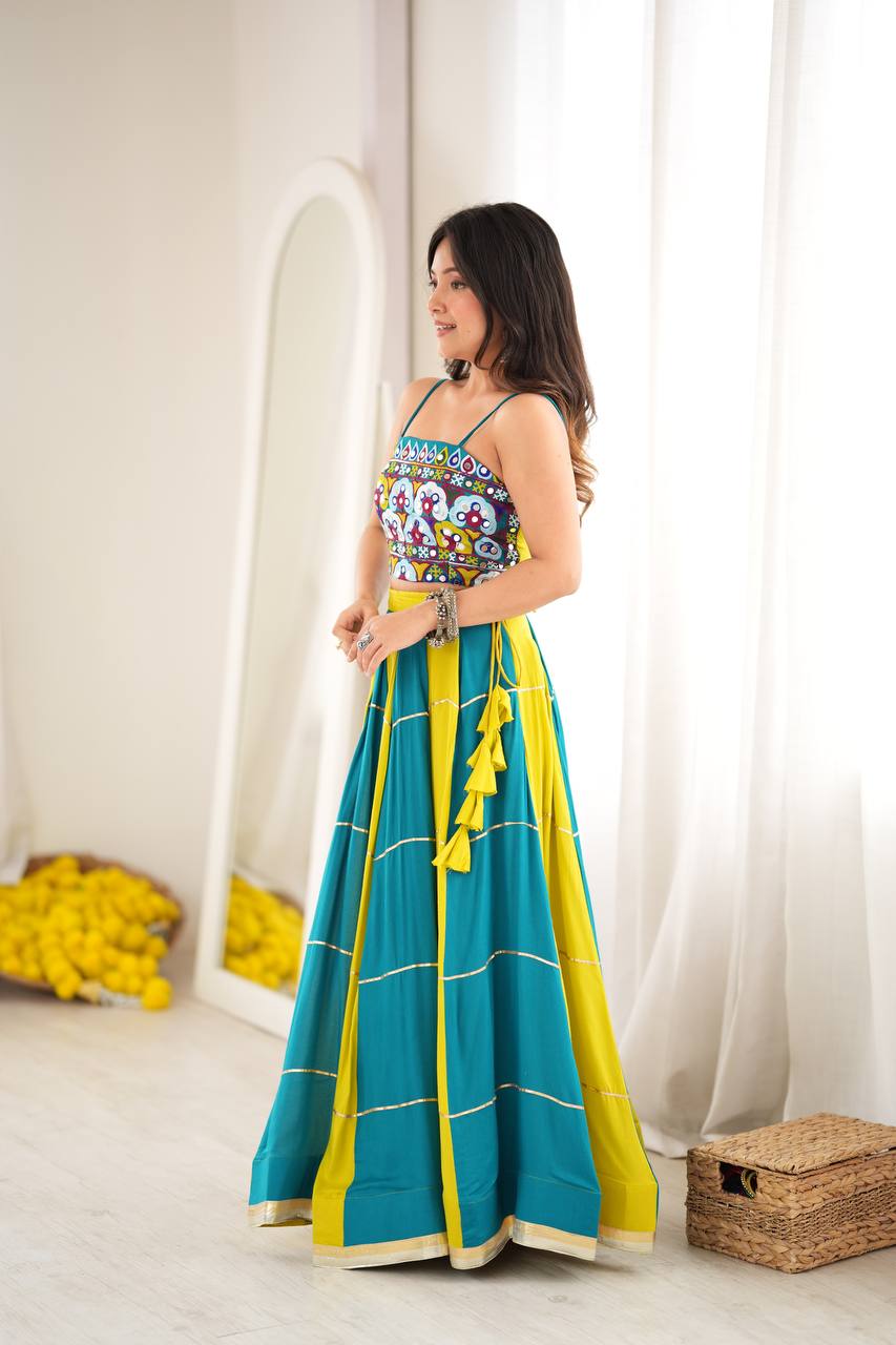 Yellow-Rama Gota Patti Embroidered Work Navratri Lehenga