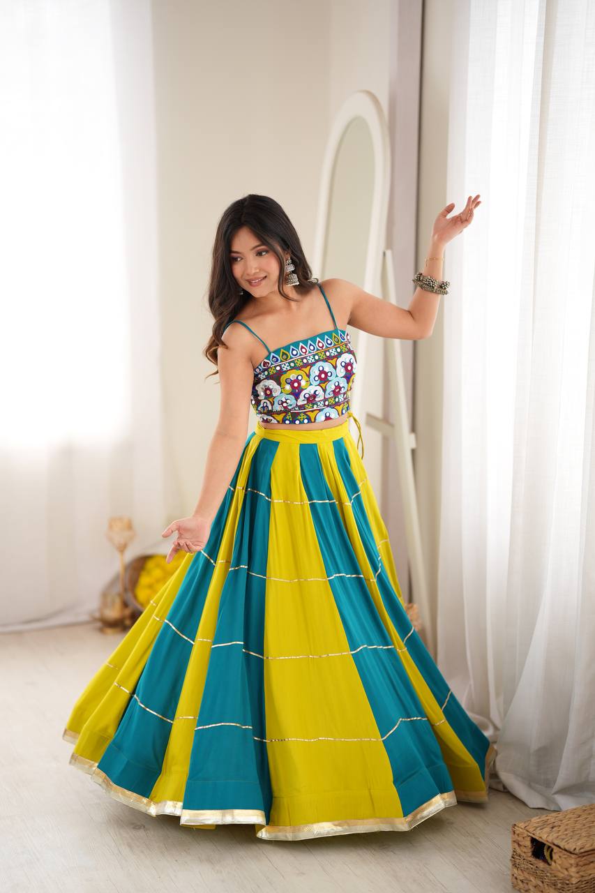Yellow-Rama Gota Patti Embroidered Work Navratri Lehenga