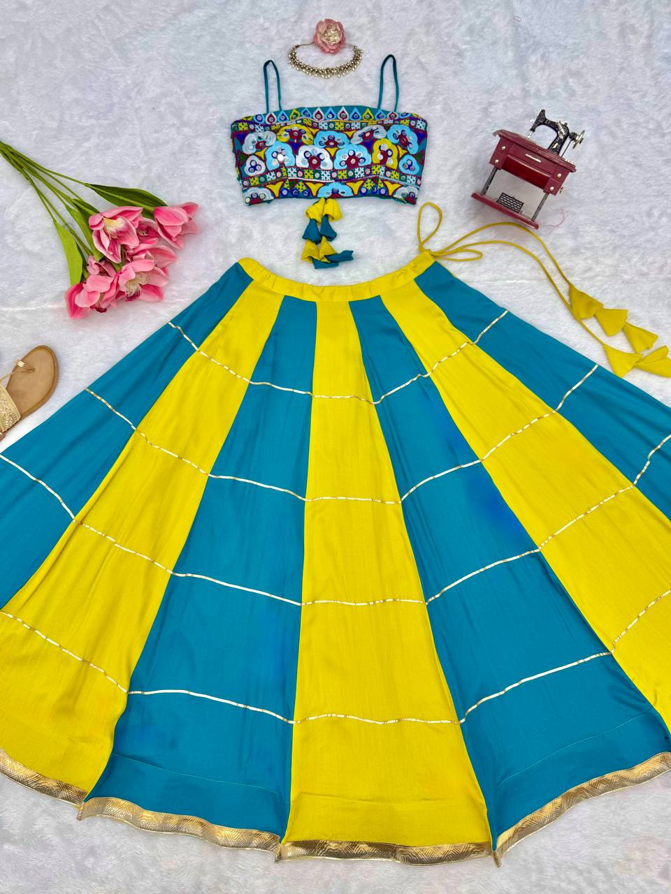 Yellow-Rama Gota Patti Embroidered Work Navratri Lehenga