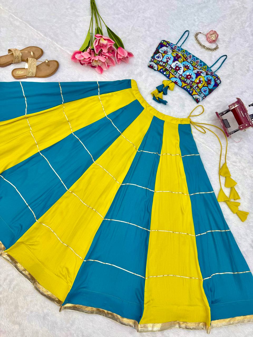 Yellow-Rama Gota Patti Embroidered Work Navratri Lehenga