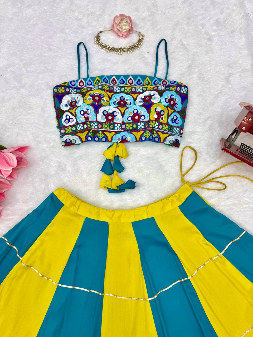 Yellow-Rama Gota Patti Embroidered Work Navratri Lehenga