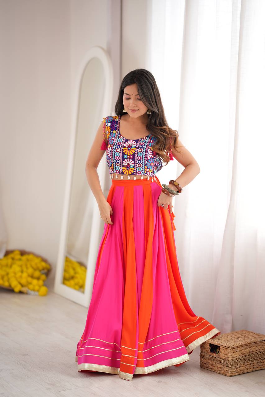 Pink & Orange Rayon Navratri Lehenga with Gamthi Blouse