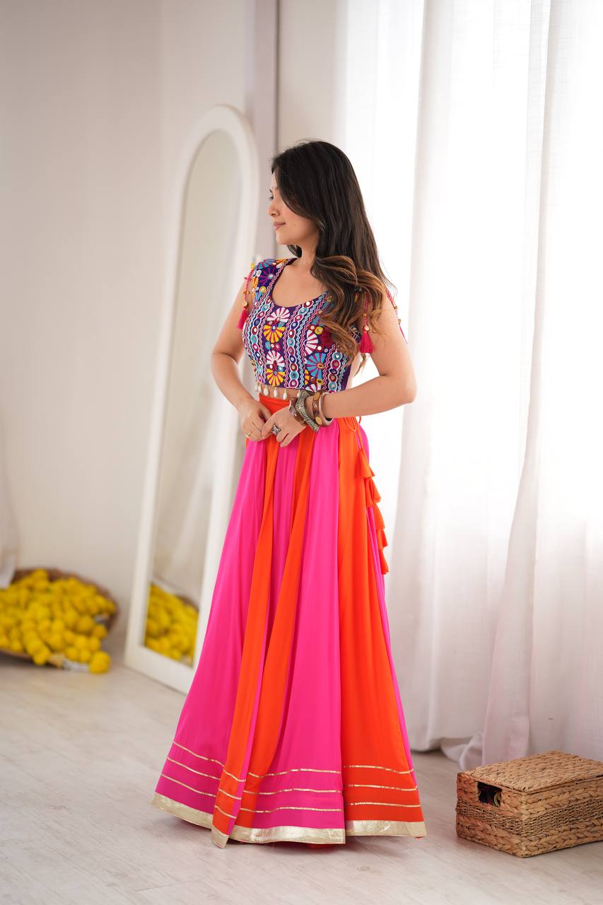 Pink & Orange Rayon Navratri Lehenga with Gamthi Blouse