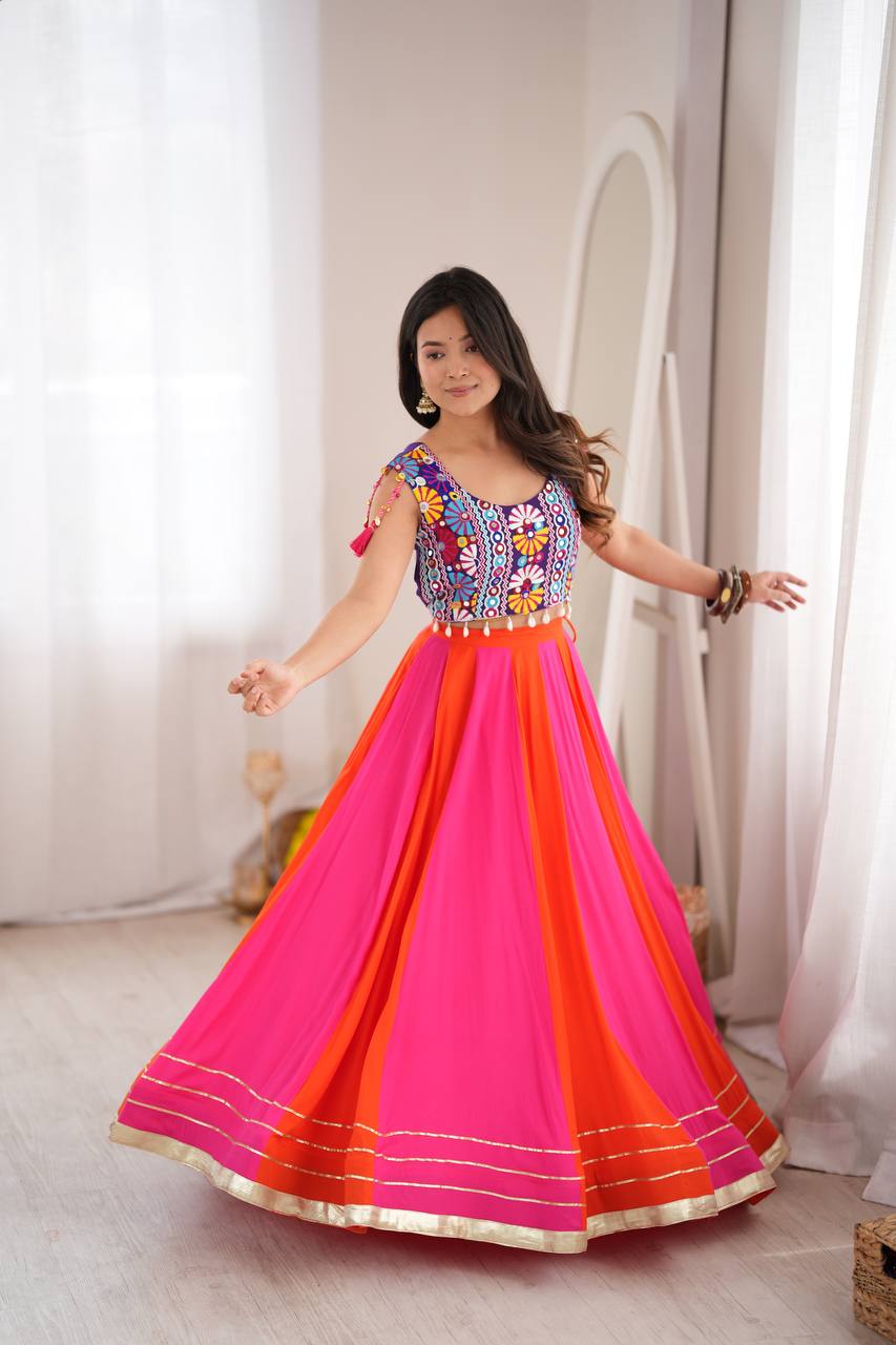 Pink & Orange Rayon Navratri Lehenga with Gamthi Blouse