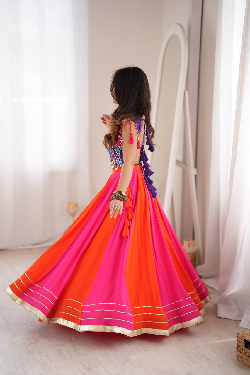 Pink & Orange Rayon Navratri Lehenga with Gamthi Blouse
