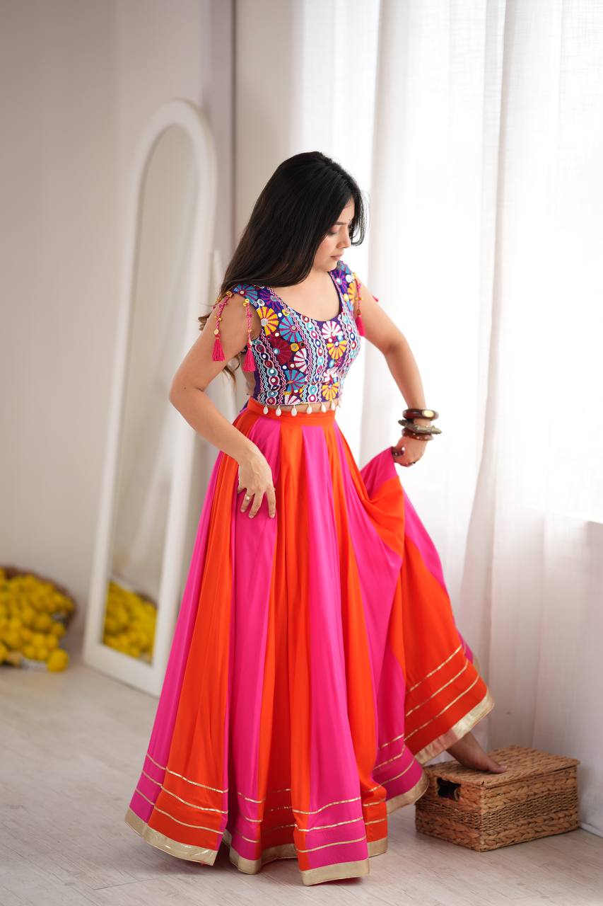 Pink & Orange Rayon Navratri Lehenga with Gamthi Blouse