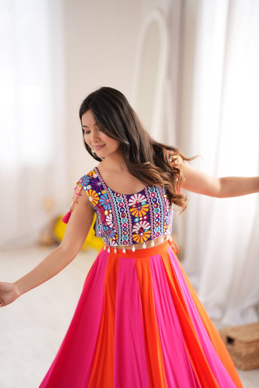 Pink & Orange Rayon Navratri Lehenga with Gamthi Blouse