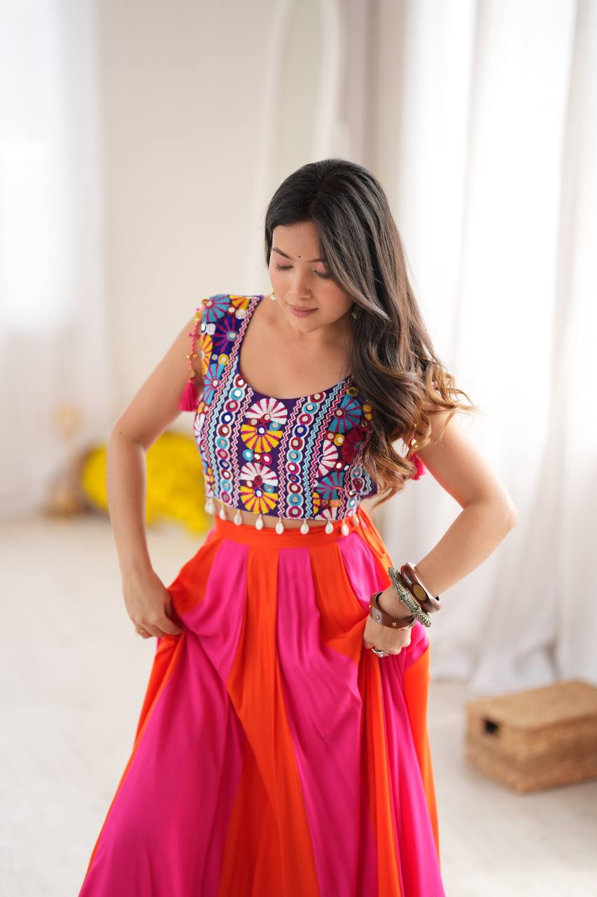 Pink & Orange Rayon Navratri Lehenga with Gamthi Blouse