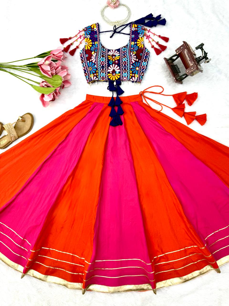 Pink & Orange Rayon Navratri Lehenga with Gamthi Blouse