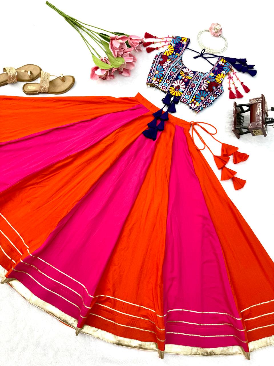 Pink & Orange Rayon Navratri Lehenga with Gamthi Blouse