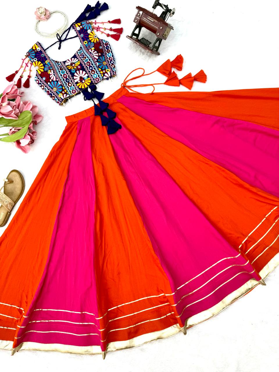 Pink & Orange Rayon Navratri Lehenga with Gamthi Blouse