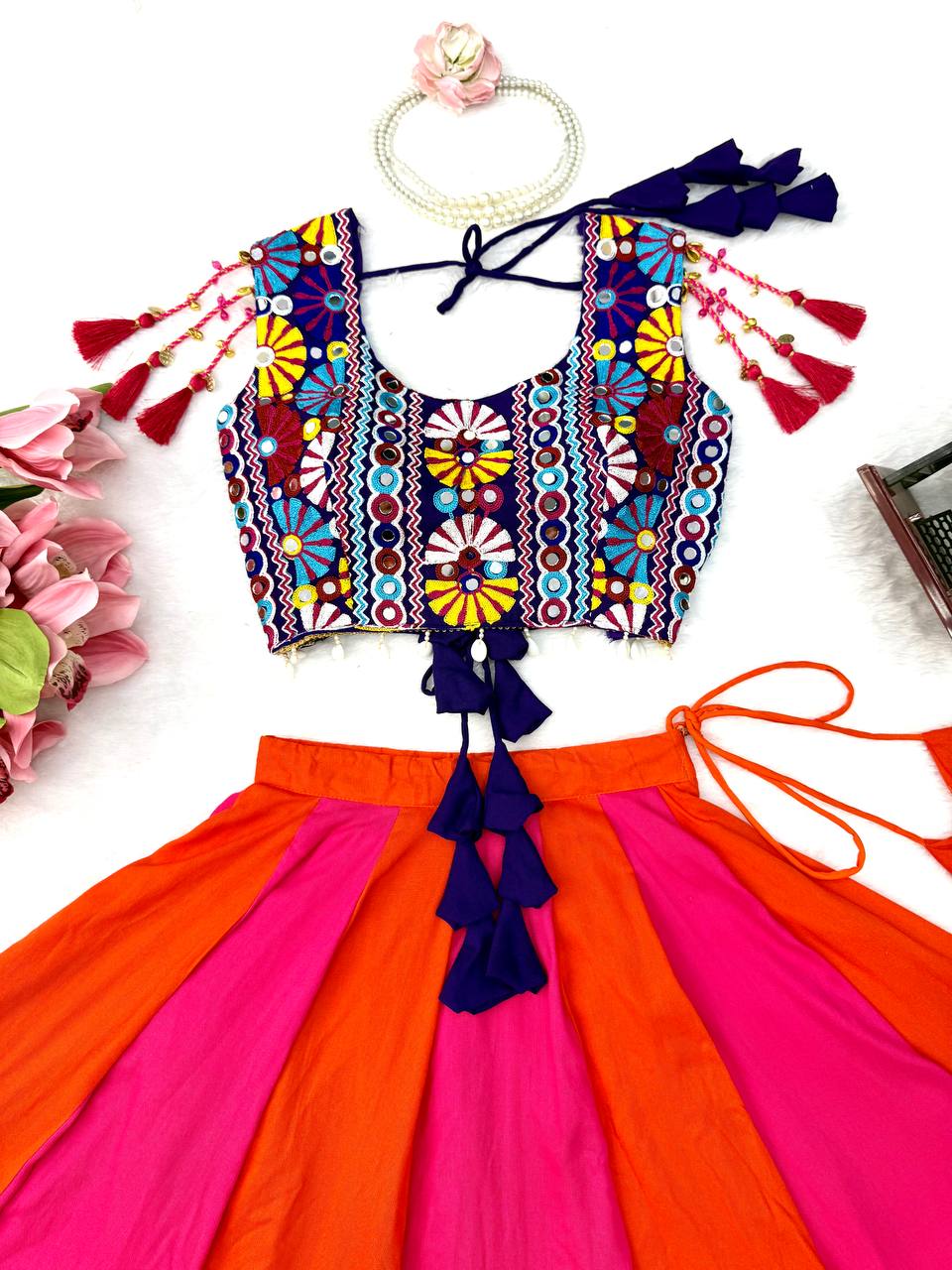 Pink & Orange Rayon Navratri Lehenga with Gamthi Blouse
