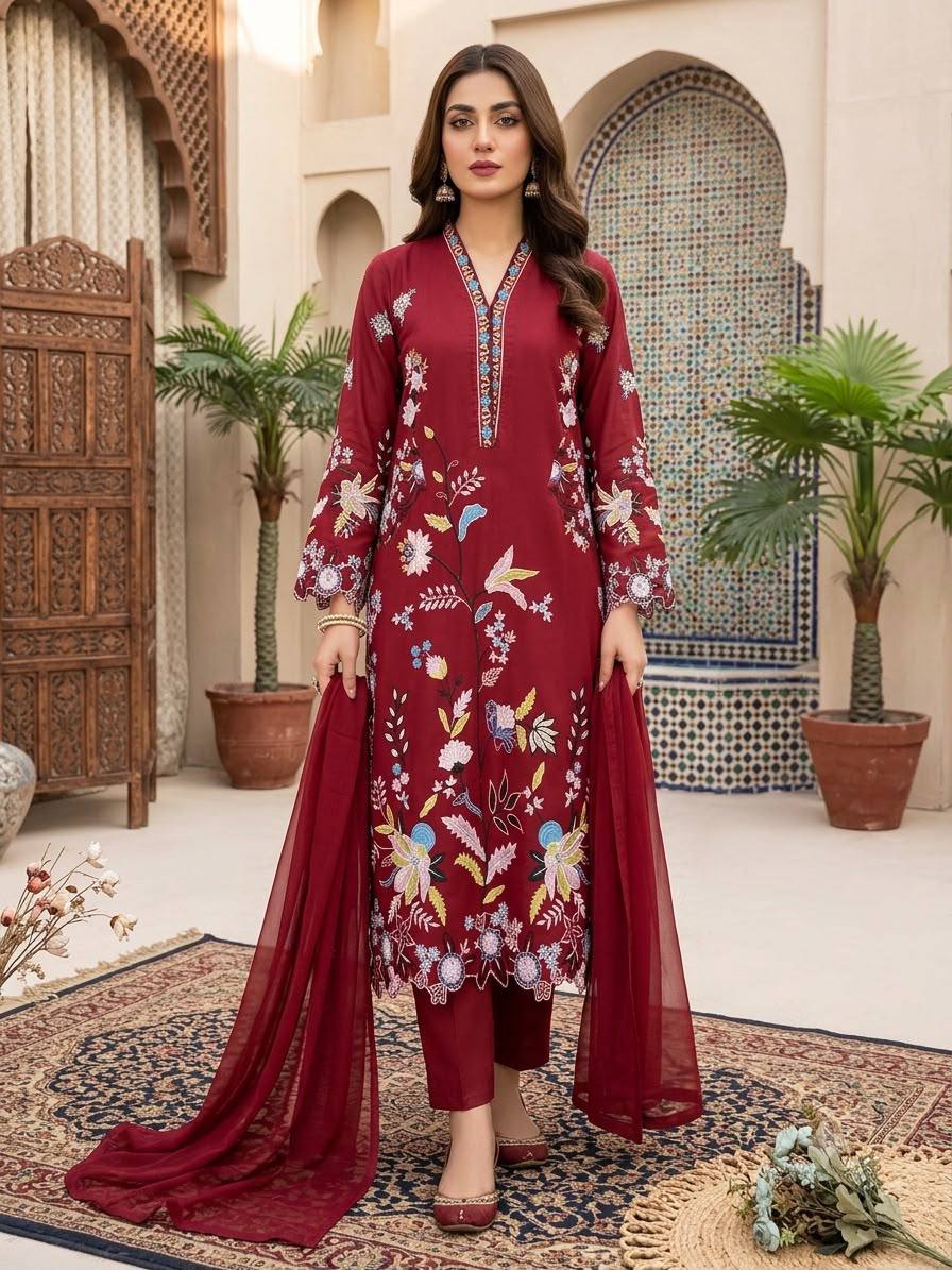 Deep Red Embroidered Pakistani Salwar Suit