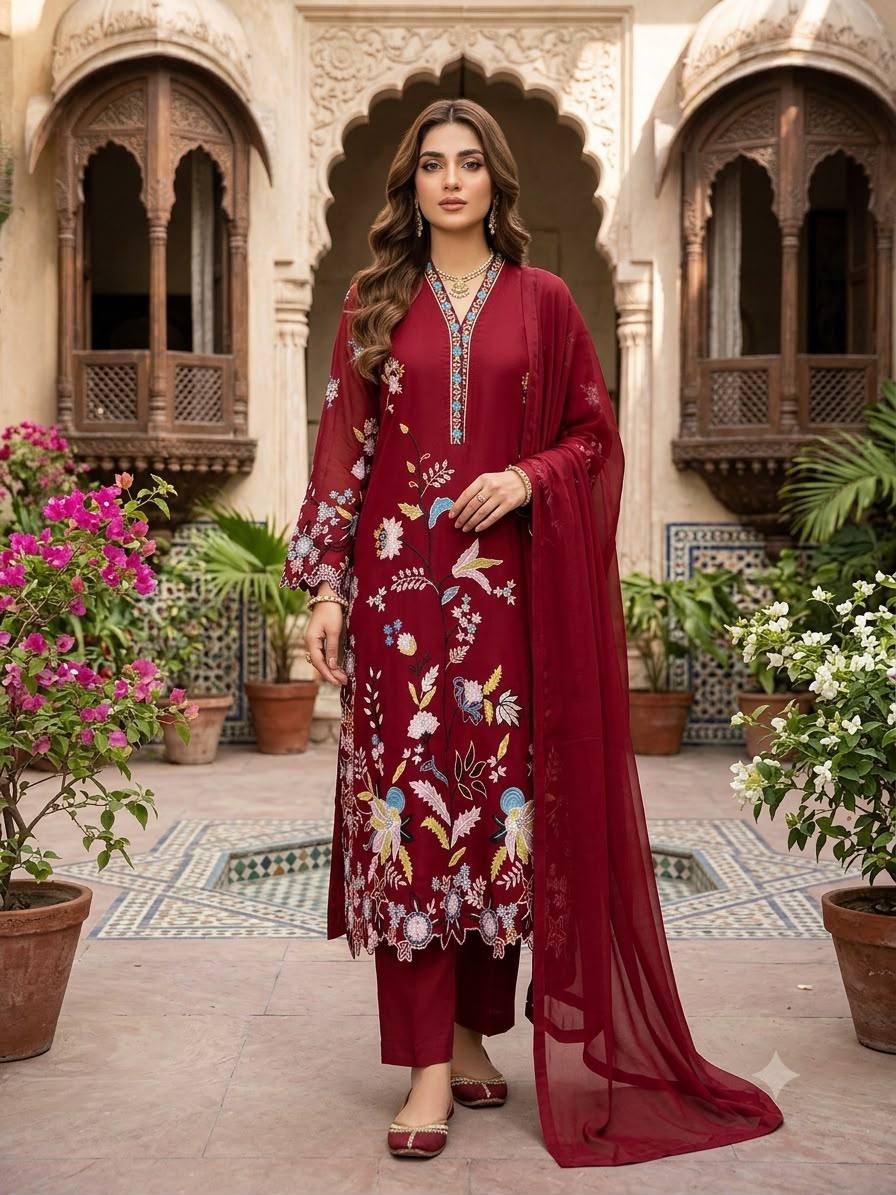 Deep Red Embroidered Pakistani Salwar Suit