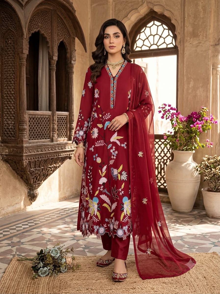 Deep Red Embroidered Pakistani Salwar Suit
