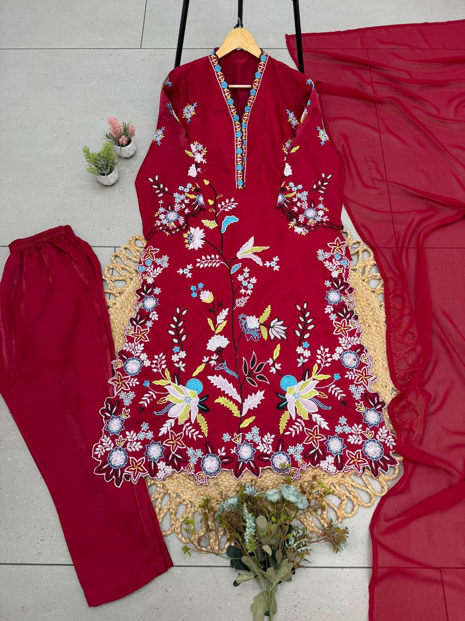 Deep Red Embroidered Pakistani Salwar Suit
