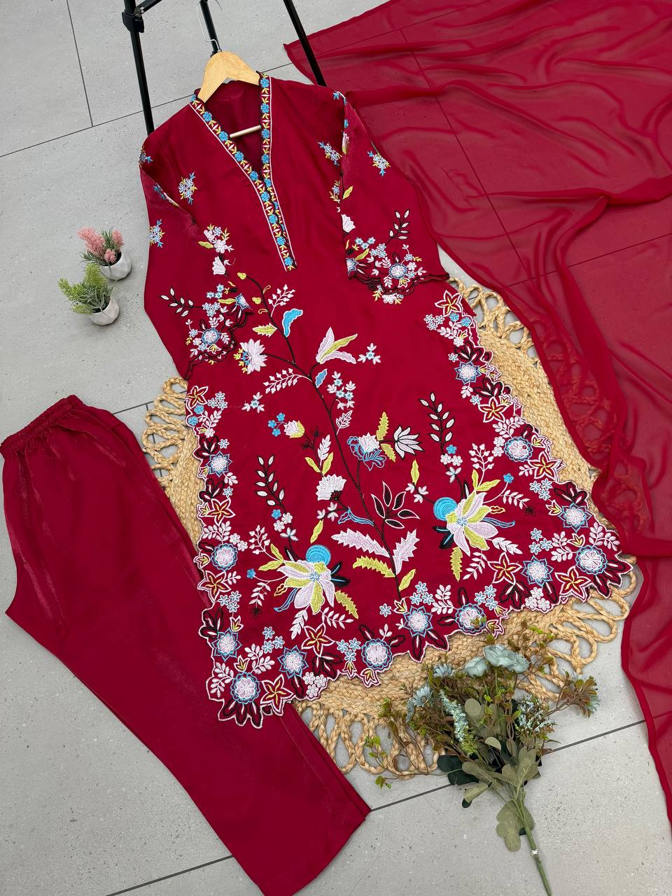 Deep Red Embroidered Pakistani Salwar Suit